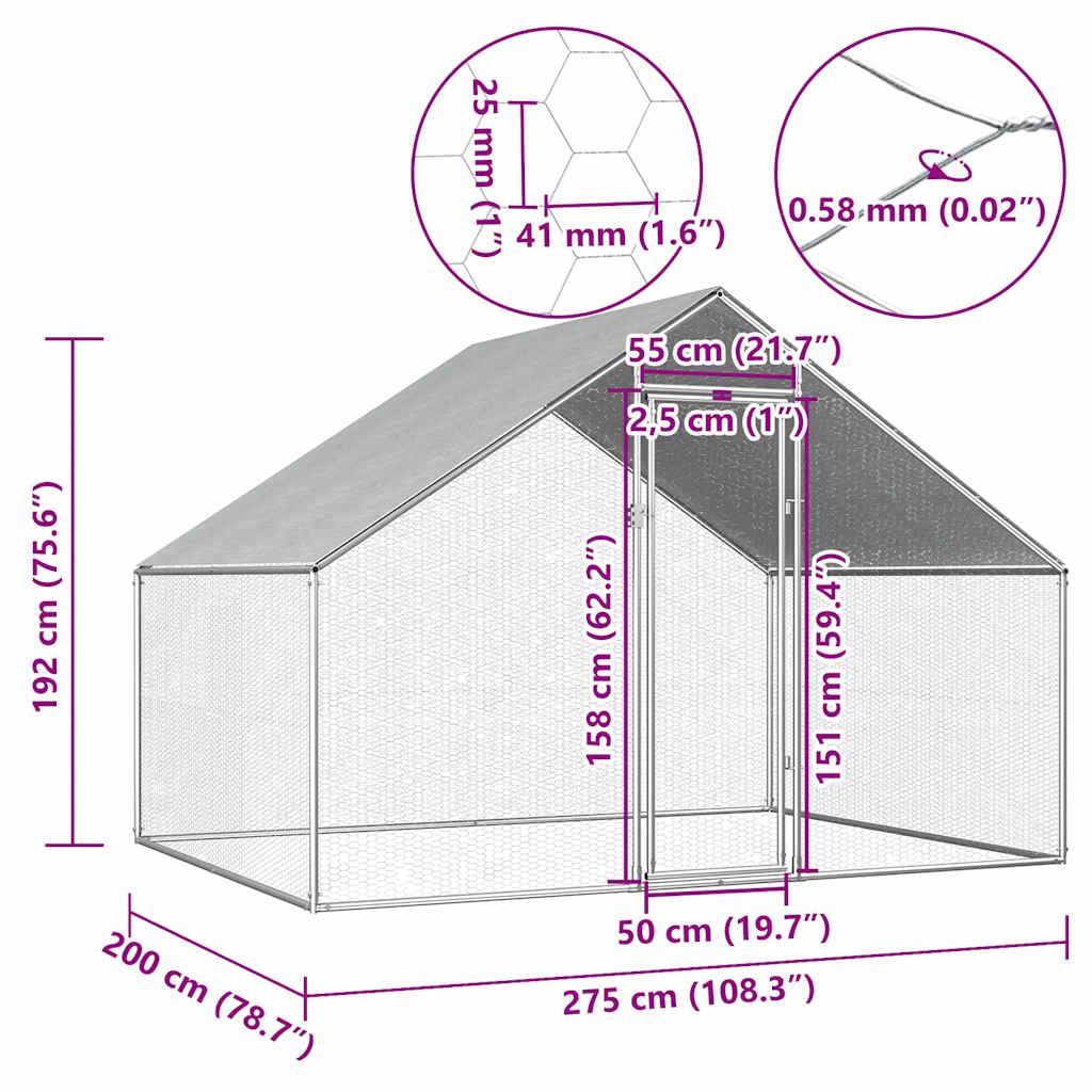 Vonkajšia klietka pre sliepky 2,75x2x1,92 m, pozinkovaná oceľ