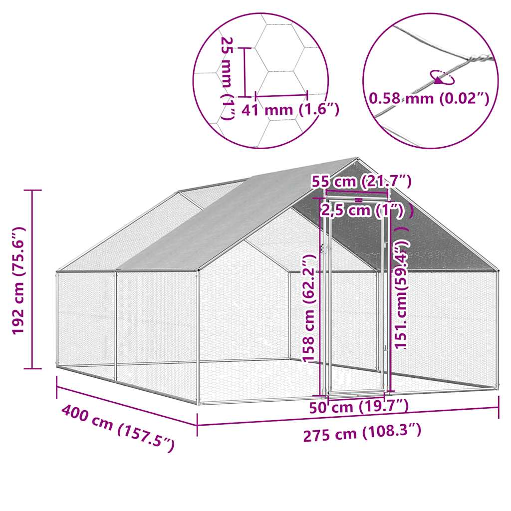 Vonkajšia klietka pre sliepky 2,75x4x1,92 m, pozinkovaná oceľ