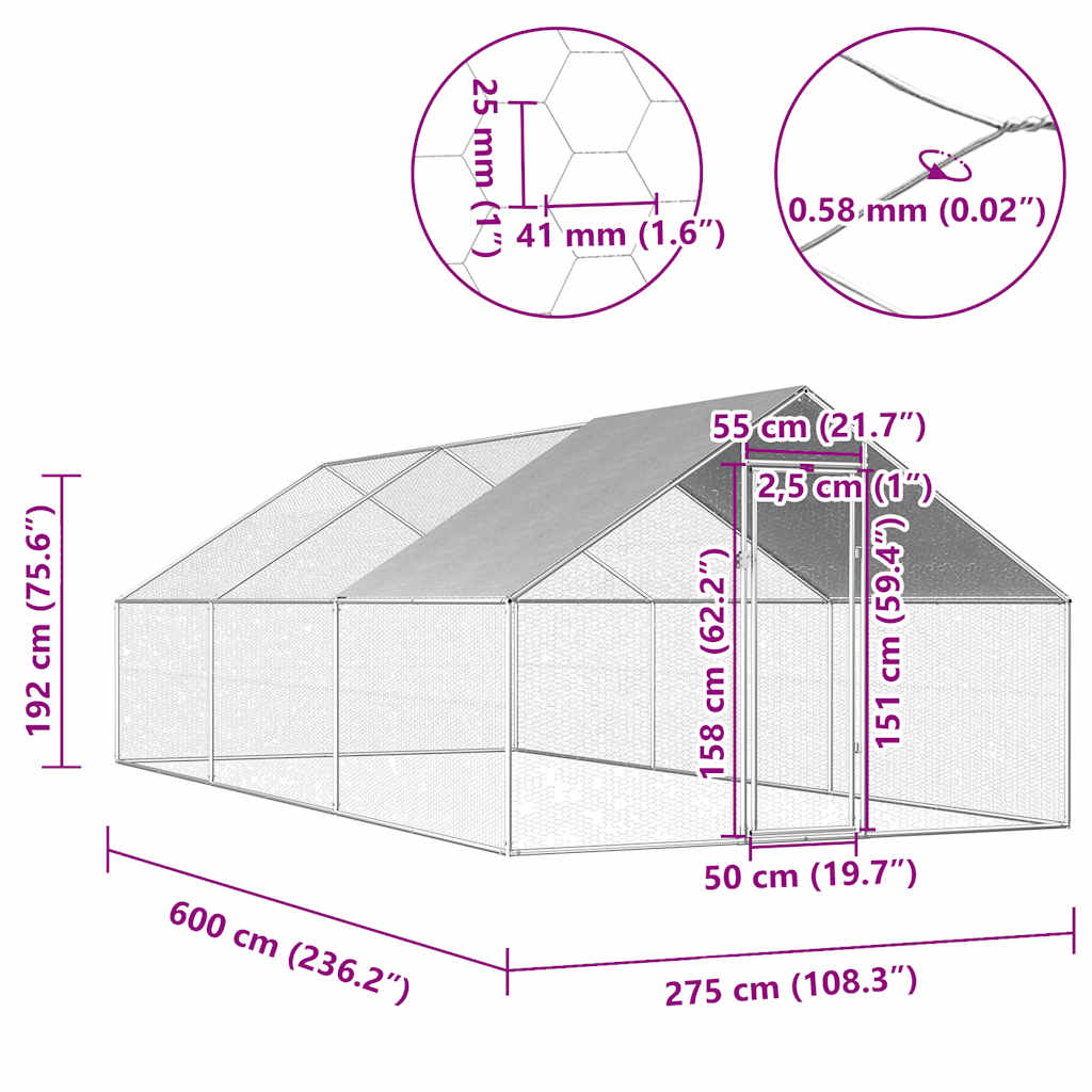Vonkajšia klietka pre sliepky 2,75x6x1,92 m, pozinkovaná oceľ
