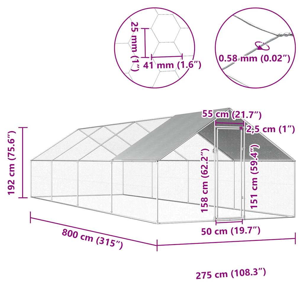 Vonkajšia klietka pre sliepky 2,75x8x1,92 m, pozinkovaná oceľ