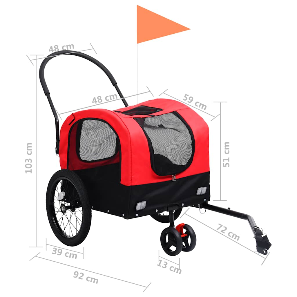 Vozík pre domáce zvieratá na bicykel/beh 2-v-1, červeno čierny