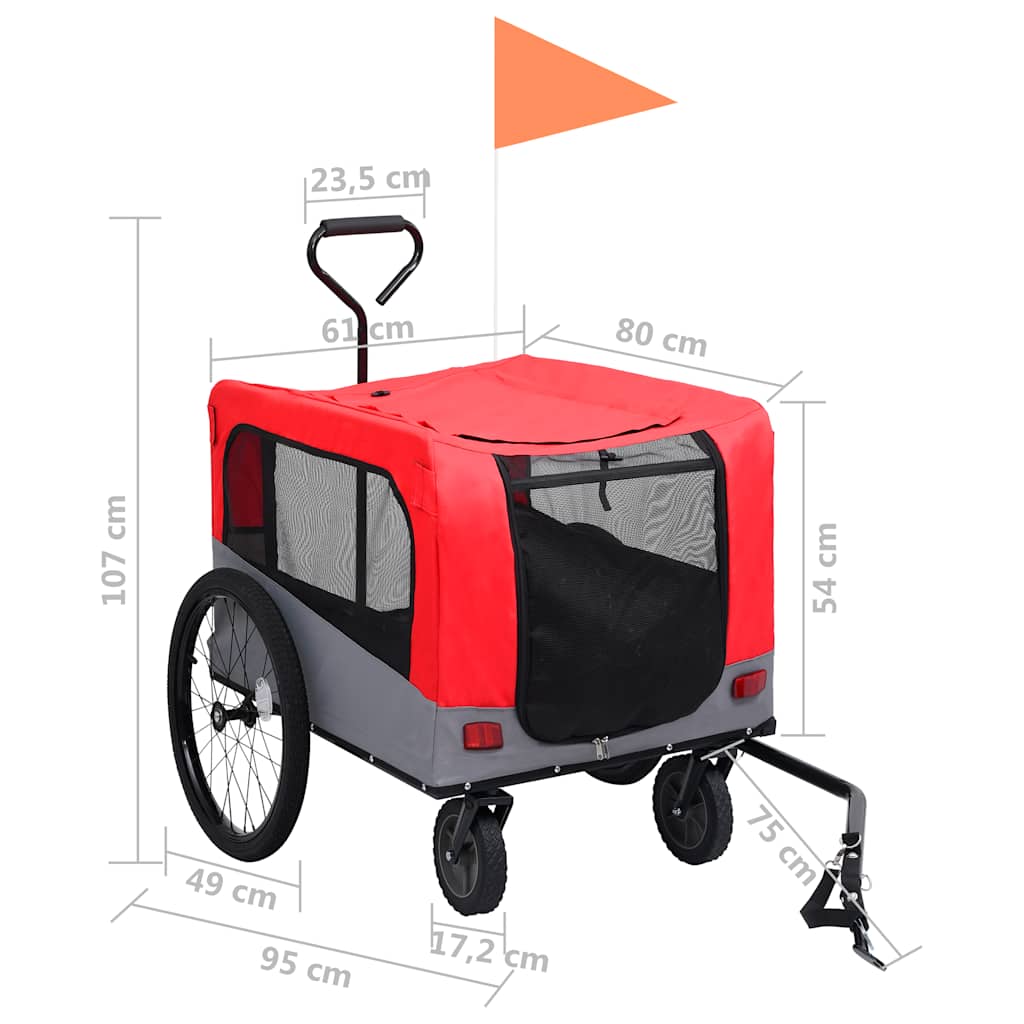 Vozík pre domáce zvieratá na bicykel/beh 2-v-1, červeno sivý