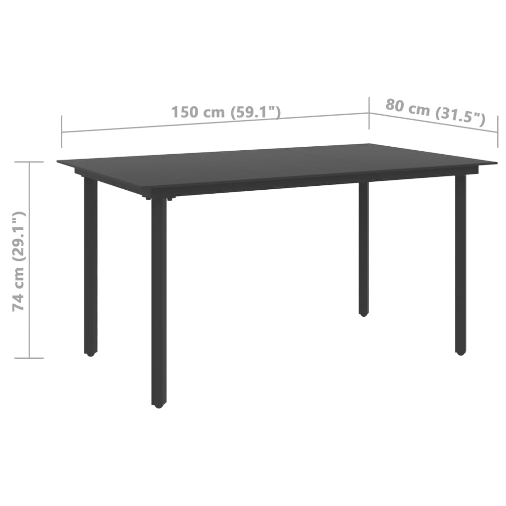 Záhradný jedálenský stôl čierny 150x80x74 cm oceľ a sklo