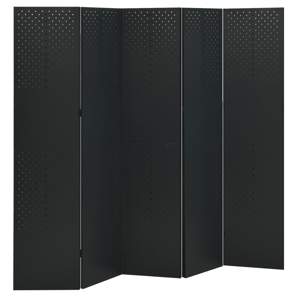 Paraván s 5 panelmi, čierny 200x180 cm oceľ