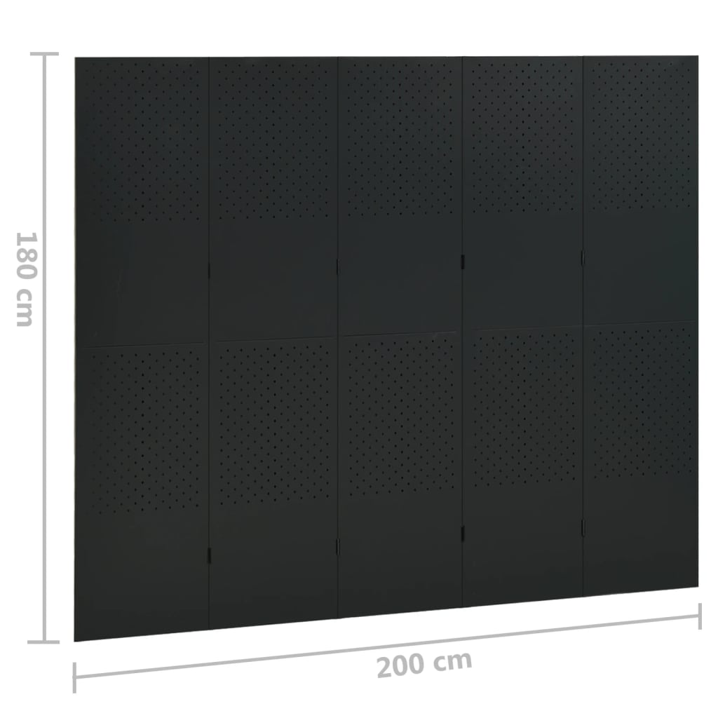 Paraván s 5 panelmi, čierny 200x180 cm oceľ