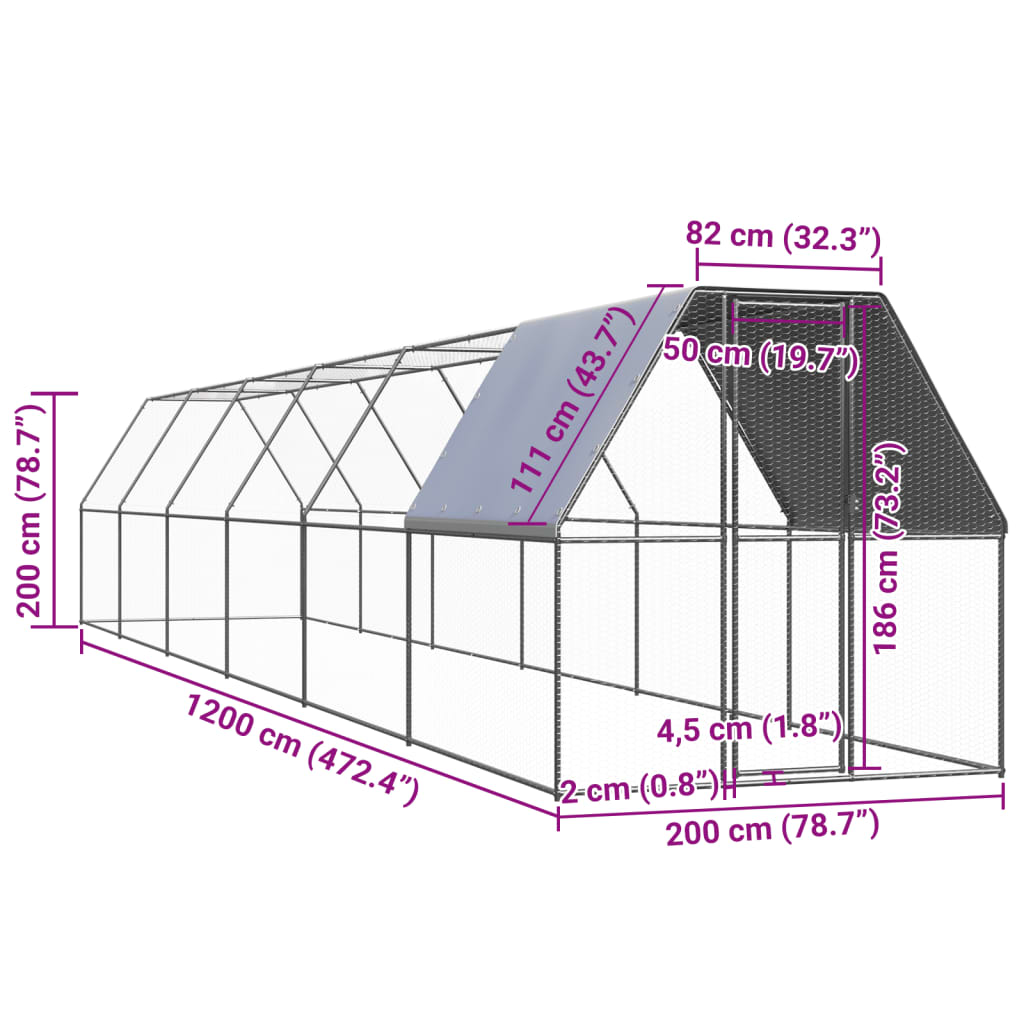 Vonkajšia klietka pre sliepky 2x12x2 m pozinkovaná oceľ