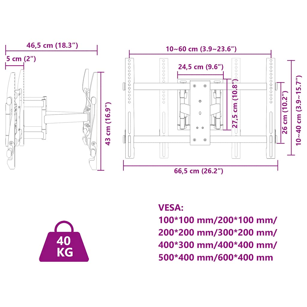Nástenný držiak na TV 37-80-palcov Max VESA 600x400 mm 40 kg