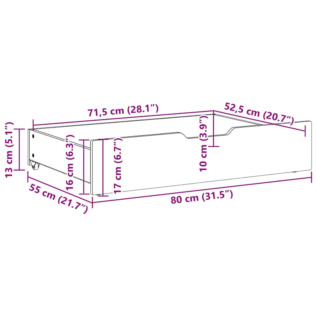 Zásuvky pod posteľ s kolieskami 2 ks 80x55x17 cm borovica