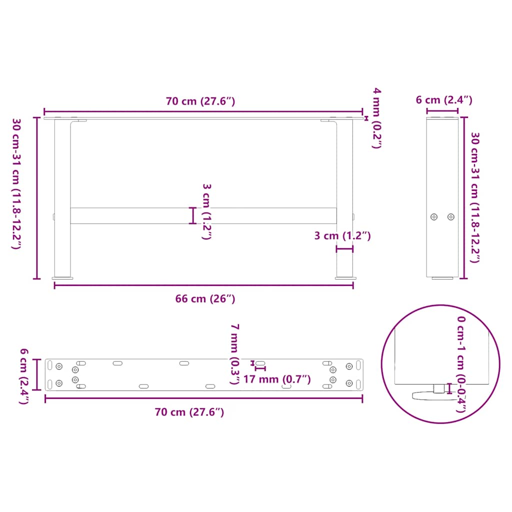 Stolové nohy na konferenčný stolík čierny 2 ks 70x(30-31) cm