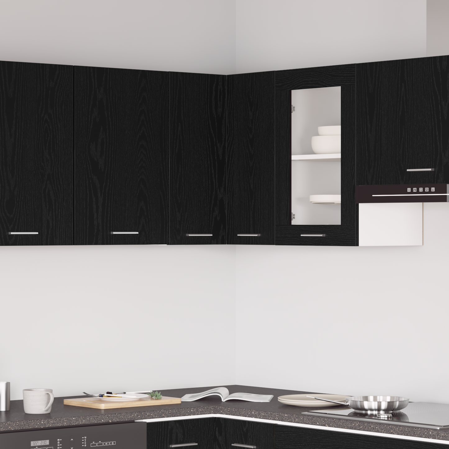 Závesná rohová skriňa - Čierna dub - 57x57x60 cm - Vyrobené z kompozitného dreva