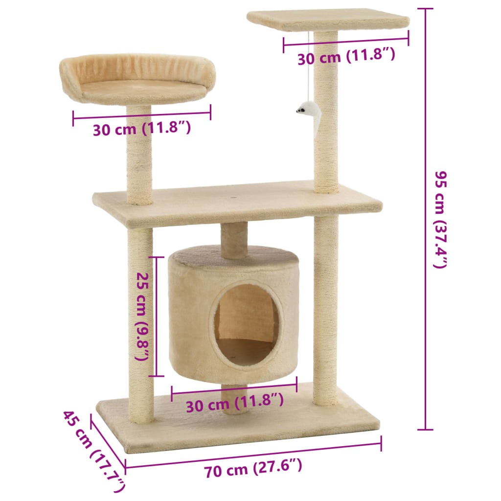 Škrabadlo pre mačky so sisalovými stĺpikmi 95 cm, béžové