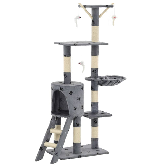 Škrabadlo pre mačky so sisalovými stĺpikmi 138cm sivé s labkami