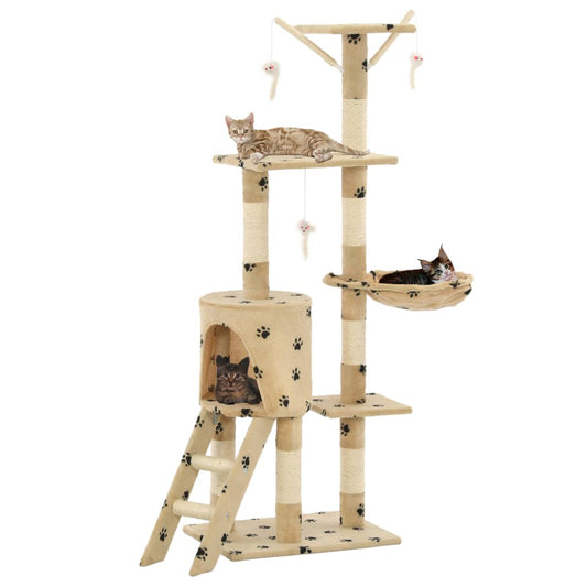 Škrabadlo pre mačky so sisalovými stĺpikmi 138cm béžové s labkami
