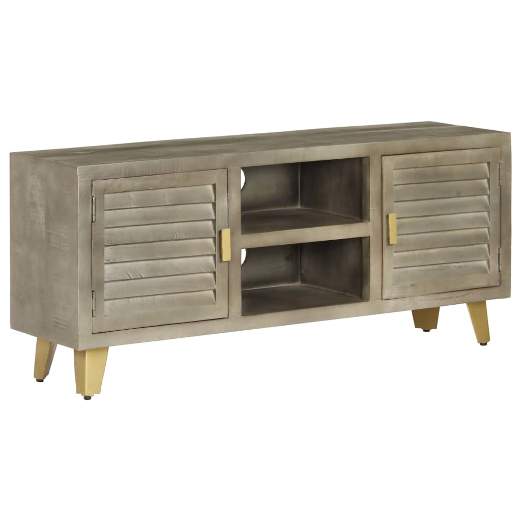 TV stolík z masívneho mangovníkového dreva sivý a mosadzný 110x30x48 cm