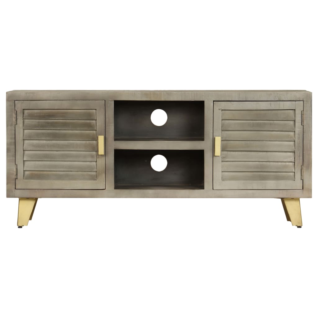 TV stolík z masívneho mangovníkového dreva sivý a mosadzný 110x30x48 cm