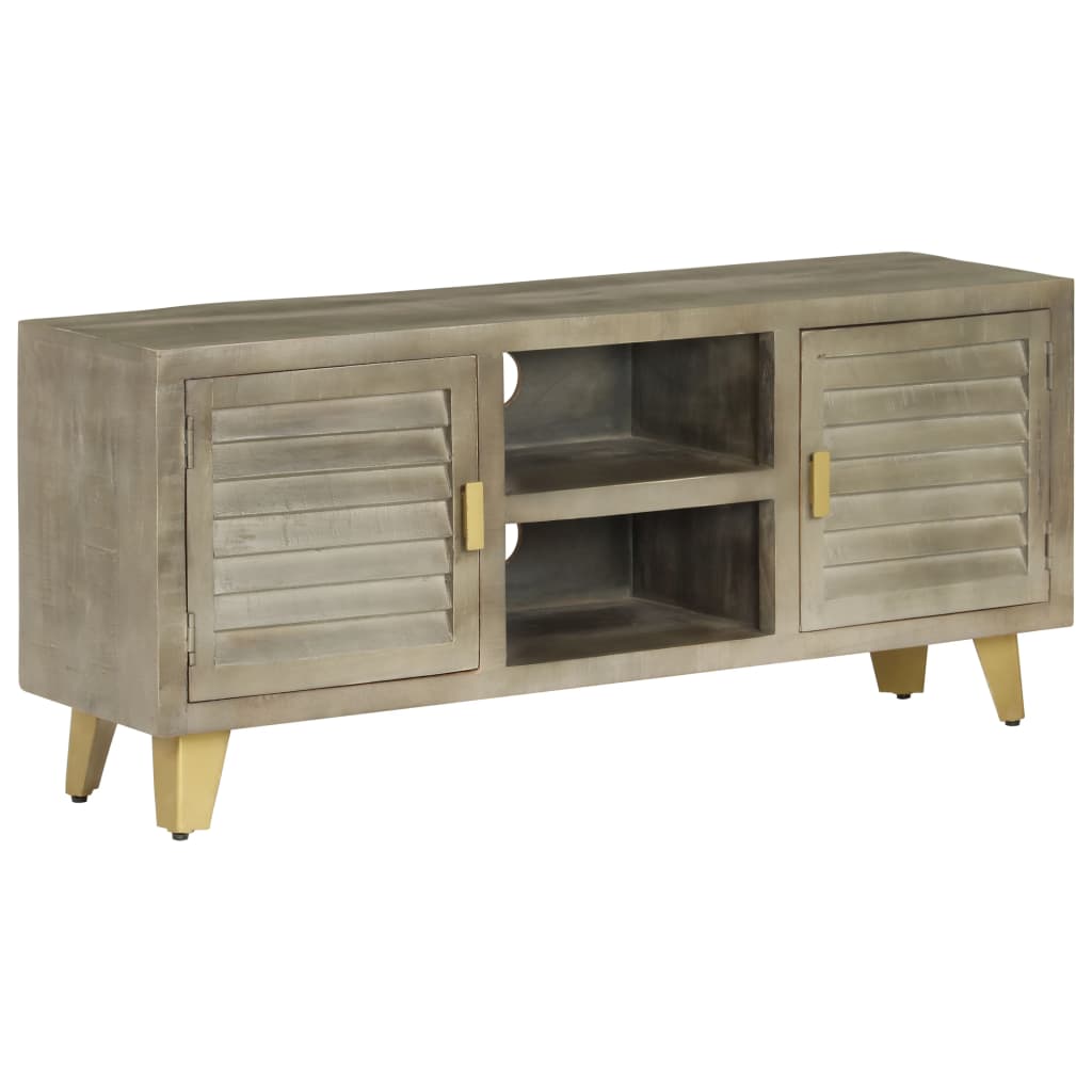 TV stolík z masívneho mangovníkového dreva sivý a mosadzný 110x30x48 cm