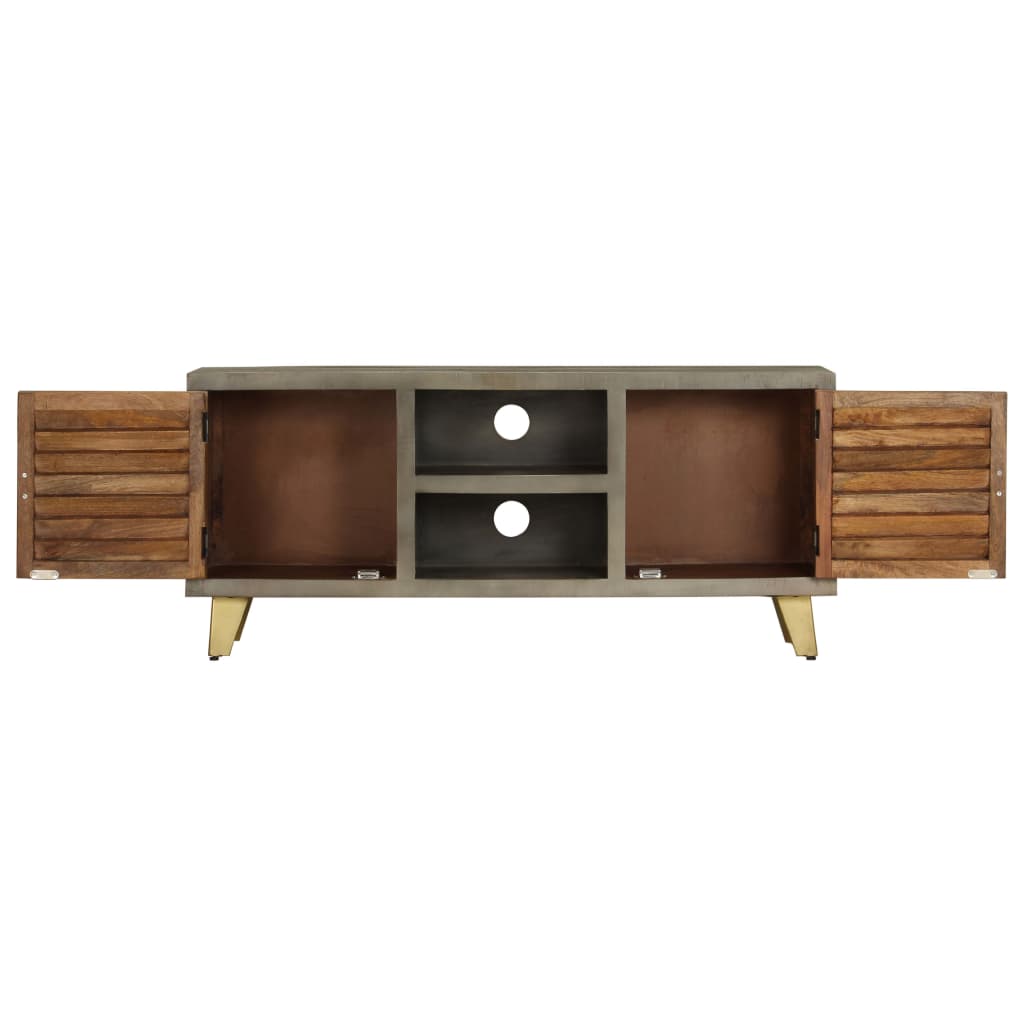 TV stolík z masívneho mangovníkového dreva sivý a mosadzný 110x30x48 cm