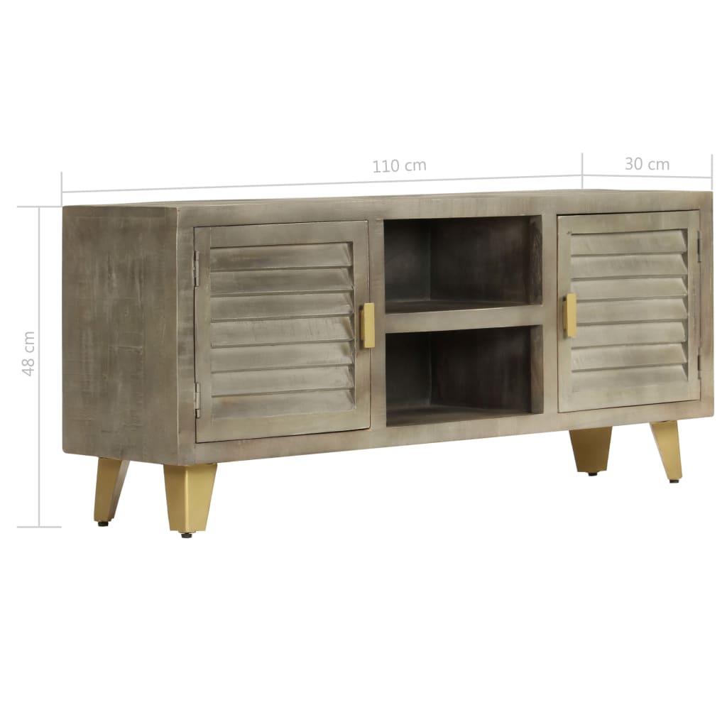 TV stolík z masívneho mangovníkového dreva sivý a mosadzný 110x30x48 cm