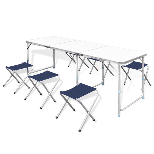 Skladací kempingový set, stôl+6 stoličiek, nastaviteľná výška 180x60cm