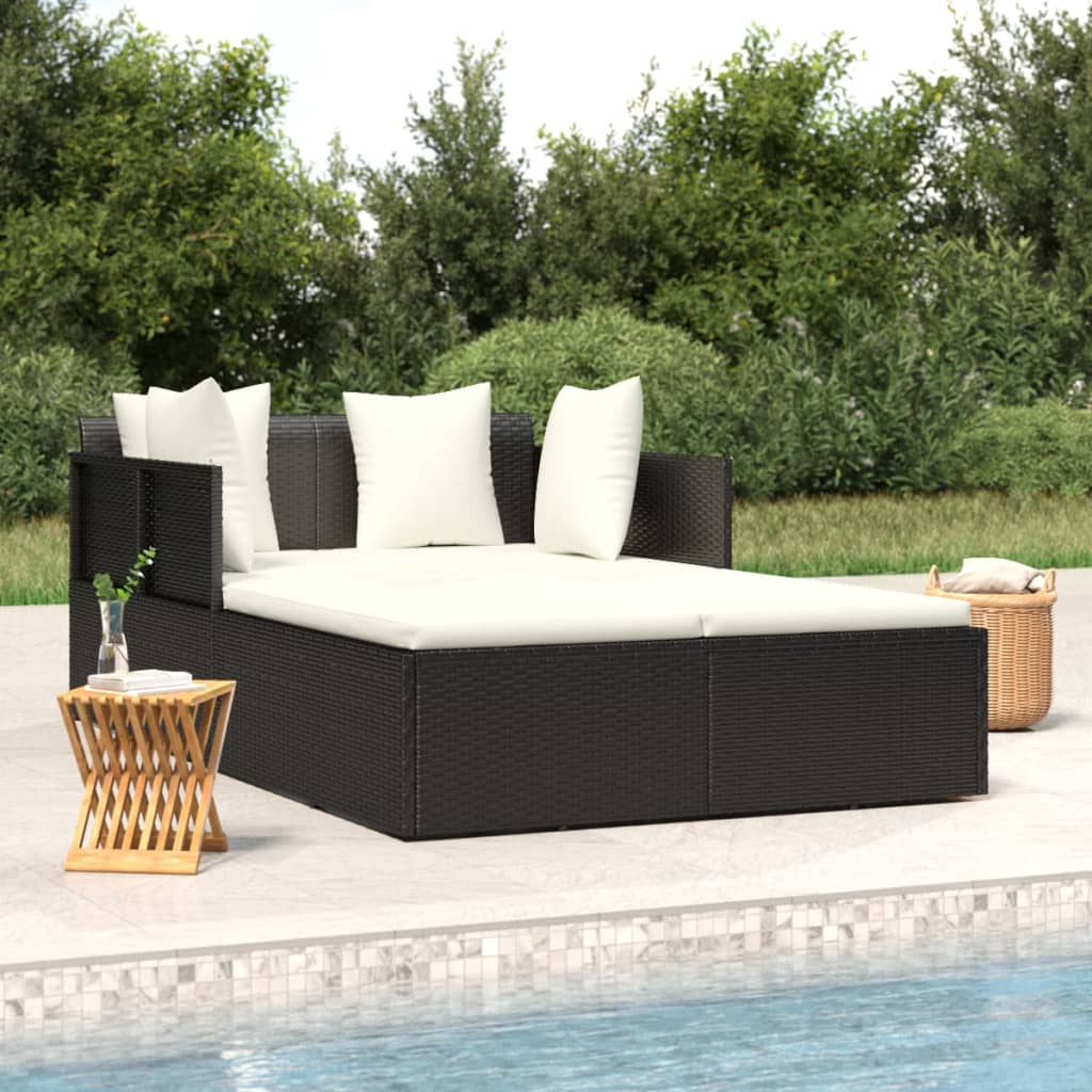 Opaľovacie lehátko s vankúšom čierne 182x118x63 polyratan