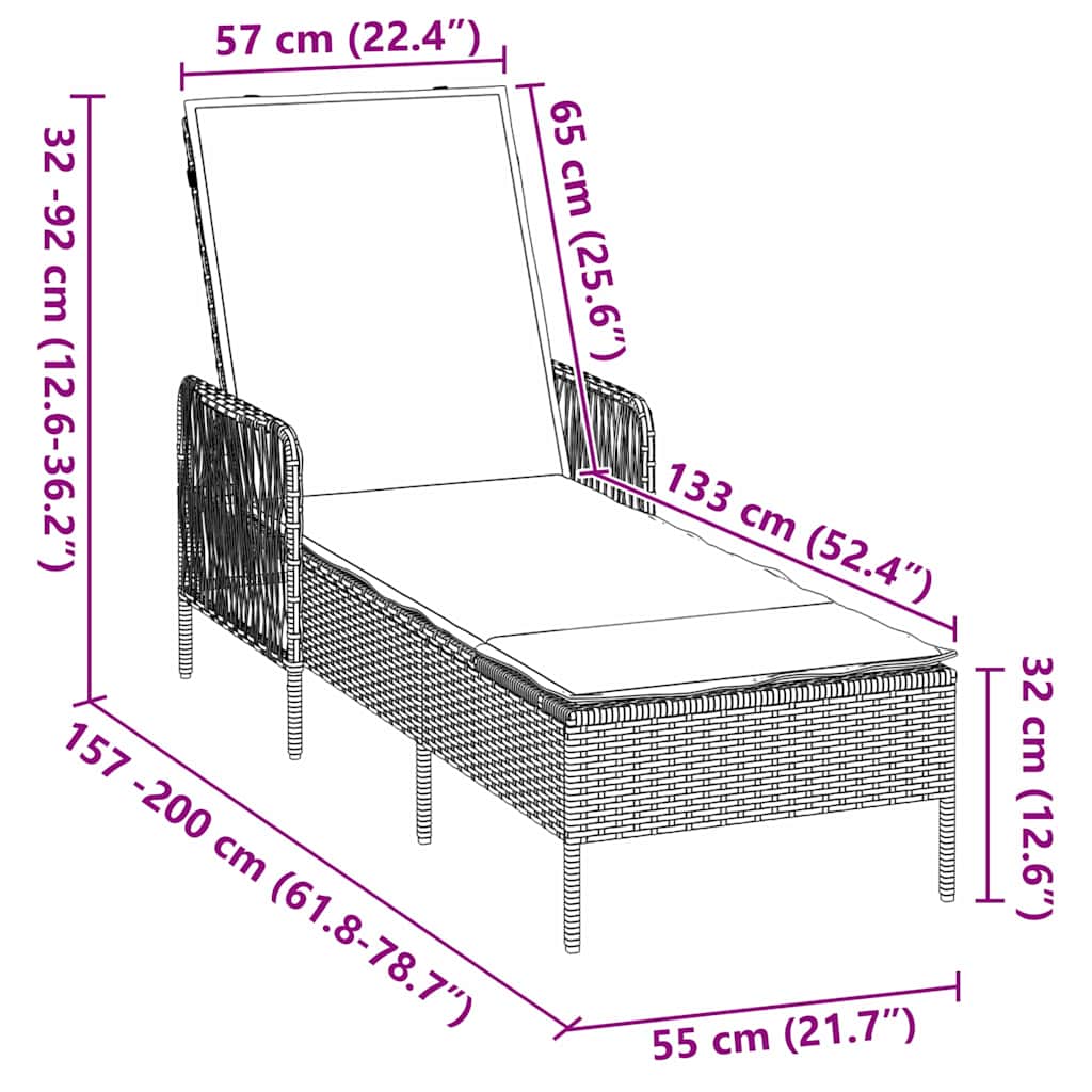 Lehátko Čierna A Krémová Biela 55 X 200 X 92 Cm Polyratan