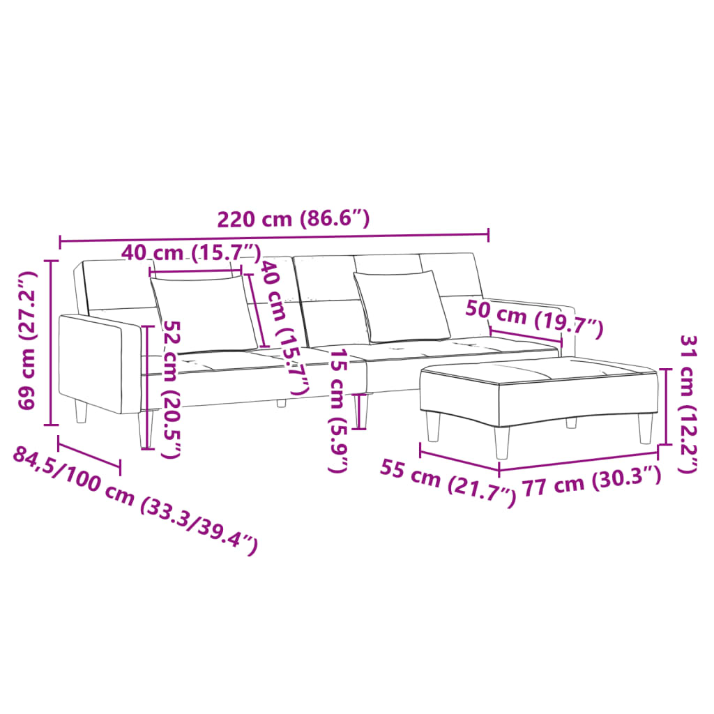 2-Miestna Rozkladacia Pohovka Vankúše Podnožka Bledosivá Zamat