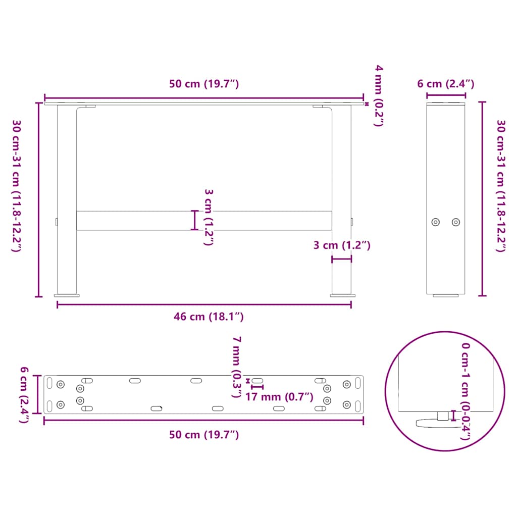 Nohy konferenčného stolíka antracitové 2 ks 50x(30-31) cm oceľ