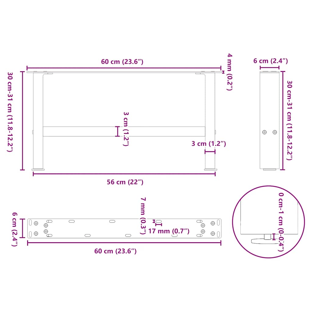 Stolové nohy na konferenčný stolík čierny 2 ks 60x(30-31) cm