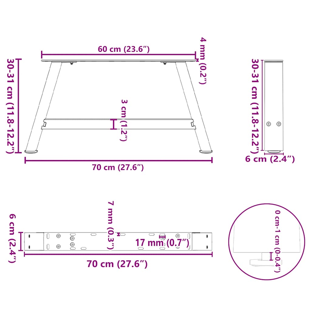 Nohy konferenčného stolíka v tvare A, 2 ks, čierne, 70 x (30-31) cm, oceľové