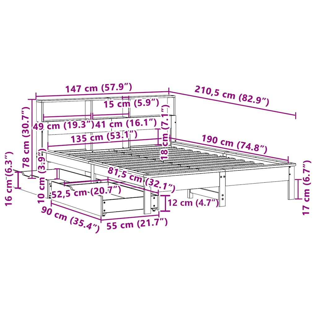 Posteľ S Knižnicou Bez Matraca 135X190Cm Borovicový Masív