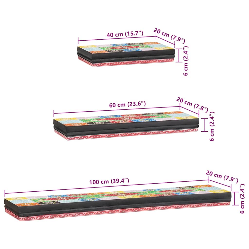 Nástenné Police 3 Pcs Viacfarebný 100 X 20 X 6 Cm Mangový Masív