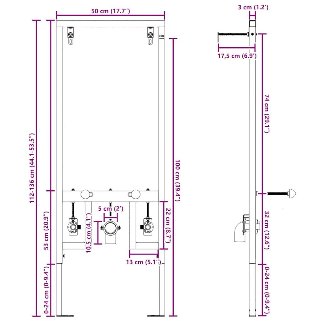 Skrytý montážny rám pre bidet 50x112-136 cm Oceľ