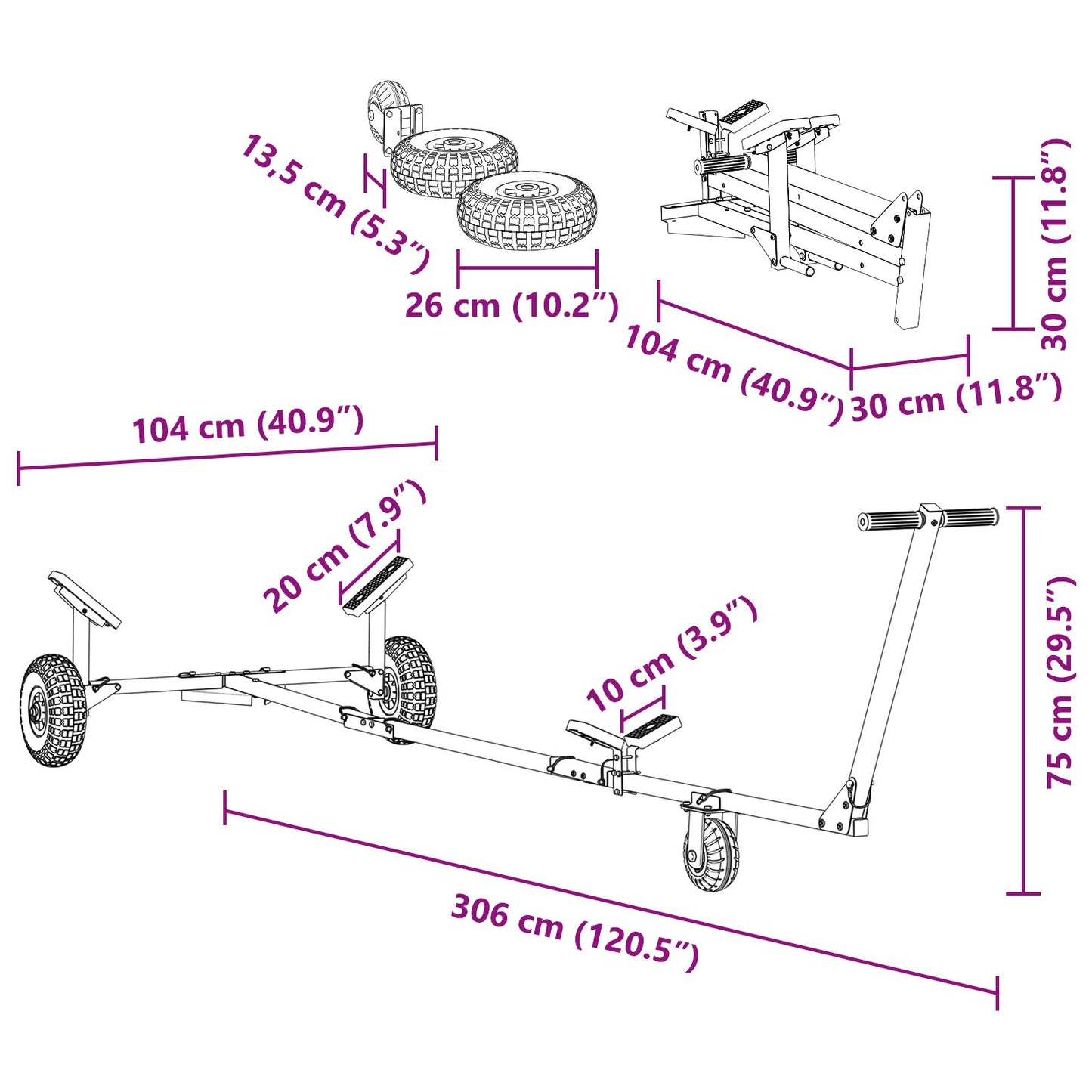 Príves na loď s 3 kolesami, skladací a nastaviteľný, 160 kg oceľ