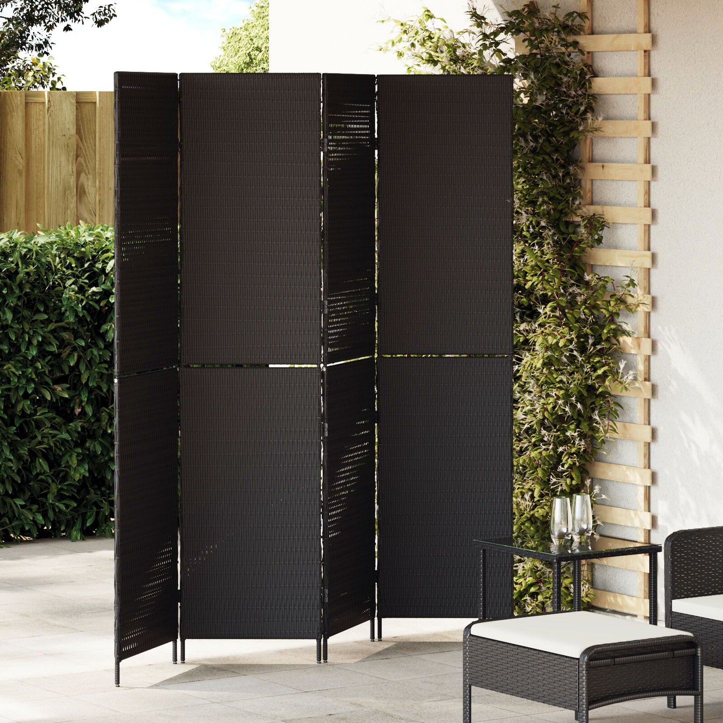 Predelenie miestnosti 4 panely skladacie čierne 195x180 cm poly ratan