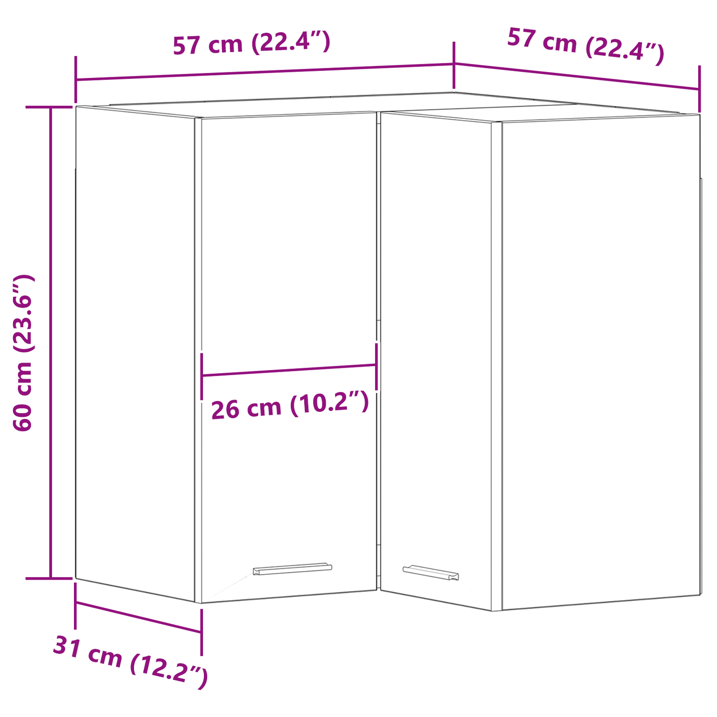 Závesná rohová skriňa - Čierna dub - 57x57x60 cm - Vyrobené z kompozitného dreva